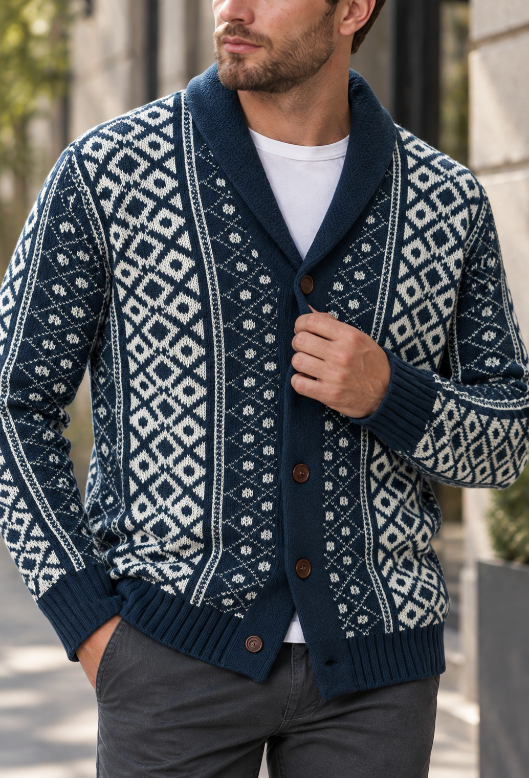 Cardigan en maille jacquard géométrique col châle boutonné - Dariel