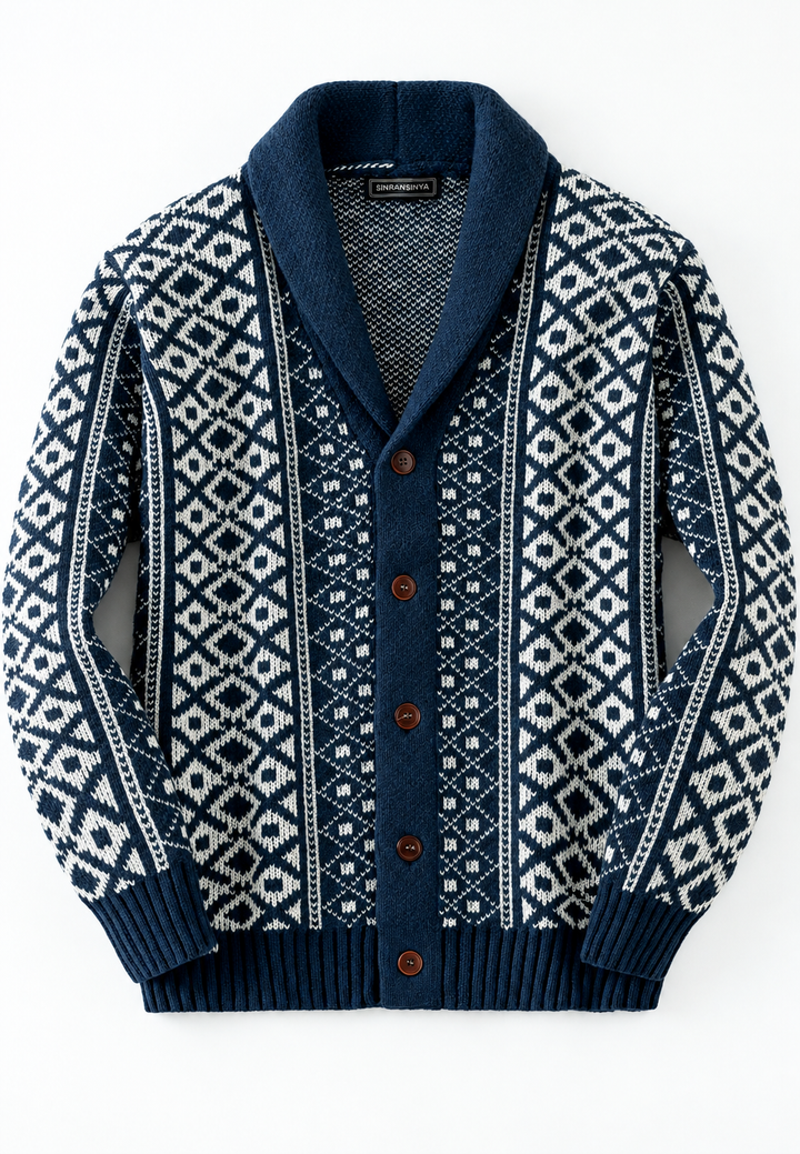 Cardigan en maille jacquard géométrique col châle boutonné - Dariel