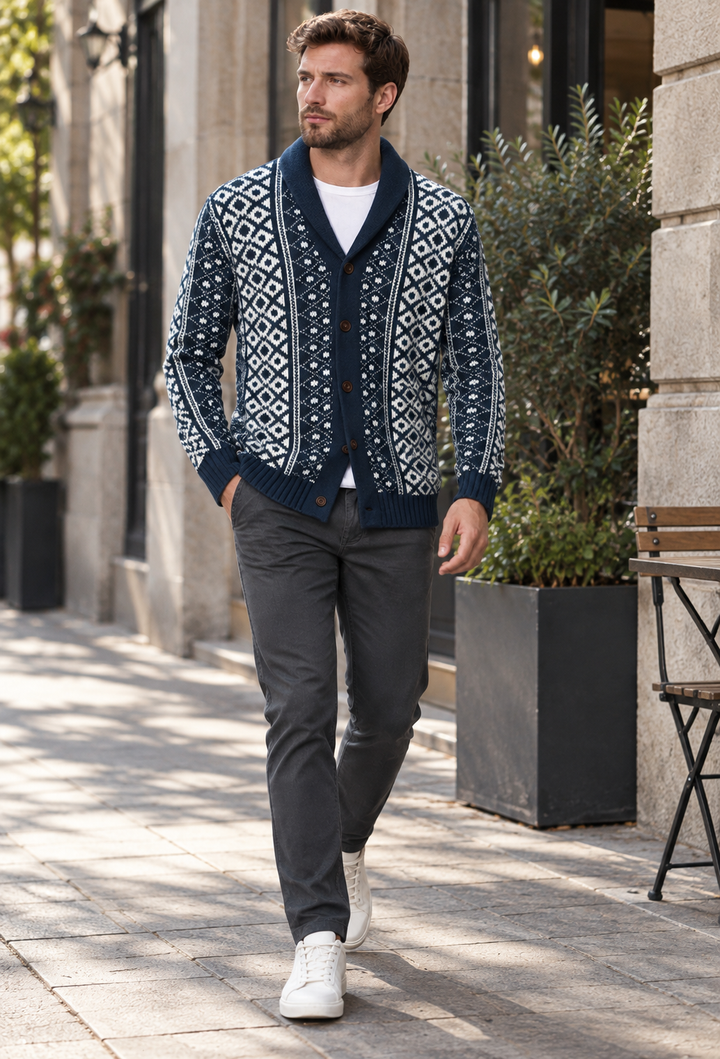 Cardigan en maille jacquard géométrique col châle boutonné - Dariel
