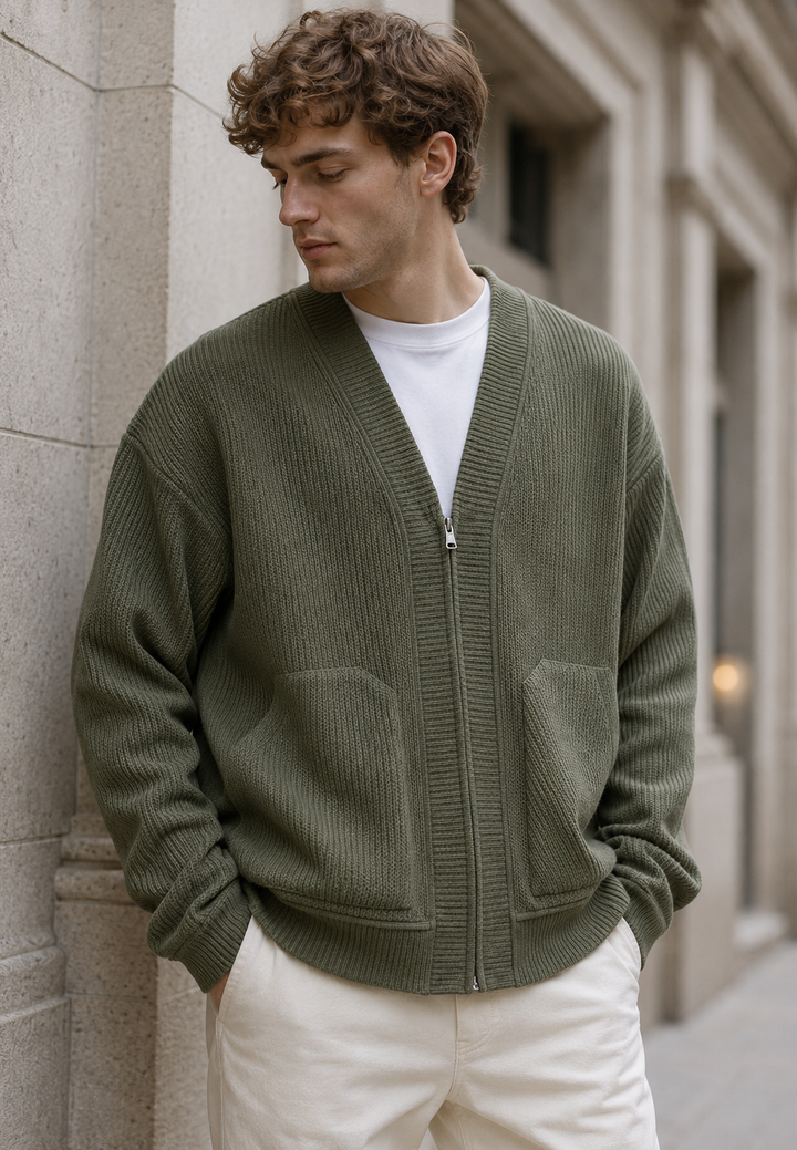 Cardigan homme en maille texturée, avec fermeture éclair et poches - Ciro