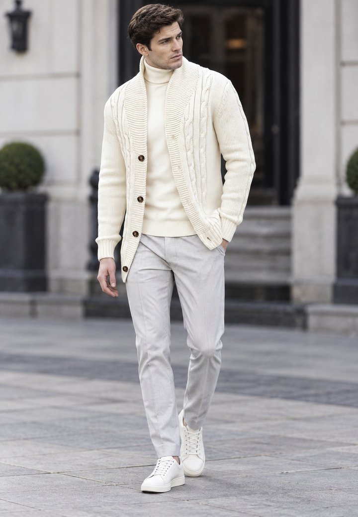Cardigan homme en maille torsadée, col châle, boutons - Gauthier