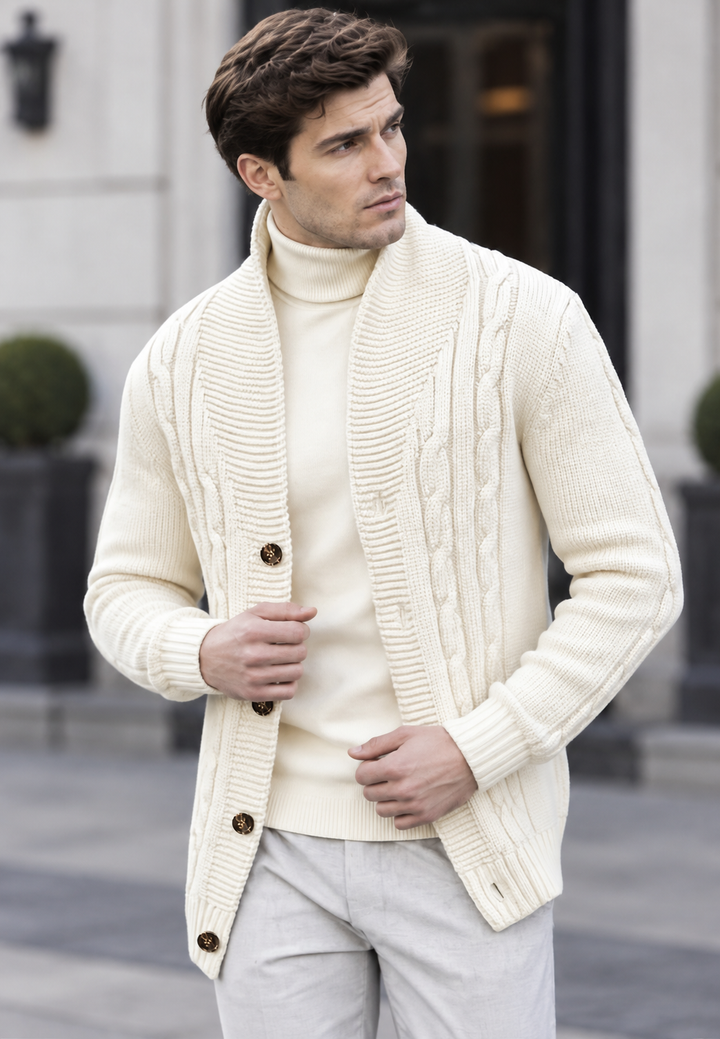 Cardigan homme en maille torsadée, col châle, boutons - Gauthier