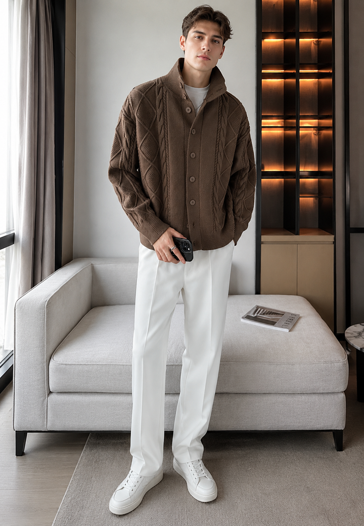 Cardigan en maille torsadée à col montant et boutons - Adrián