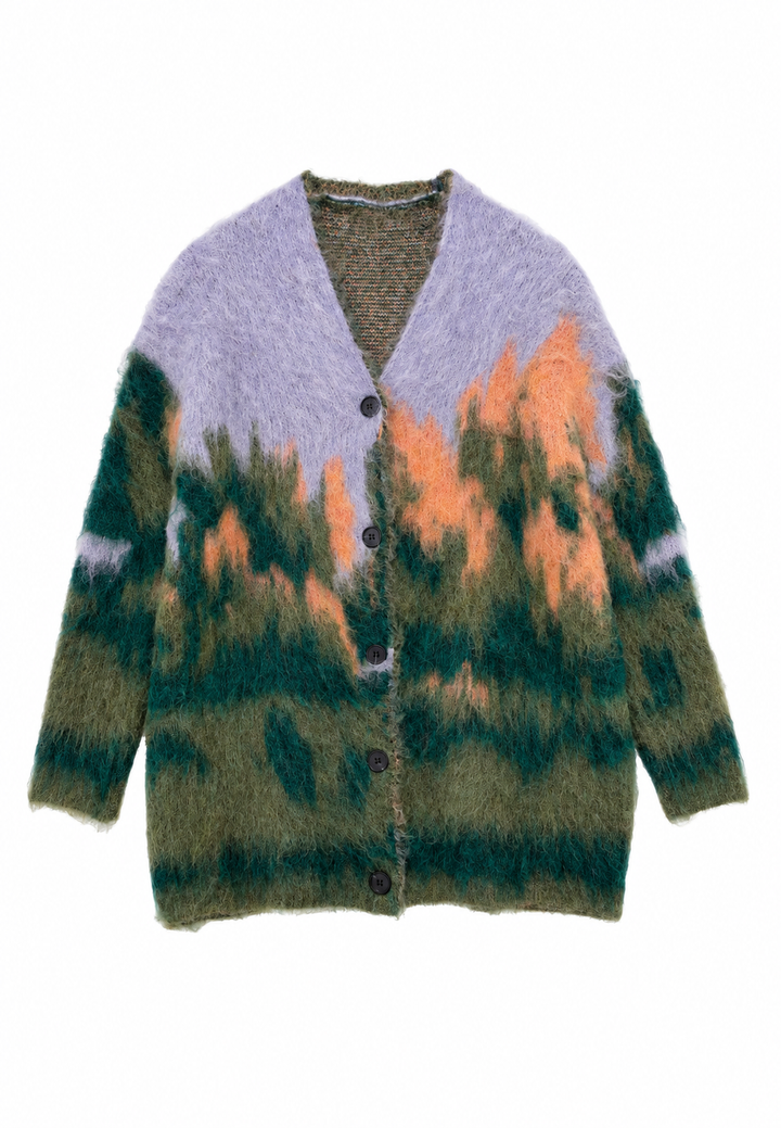 Cardigan long femme en maille chinée à imprimé abstrait - Marzena