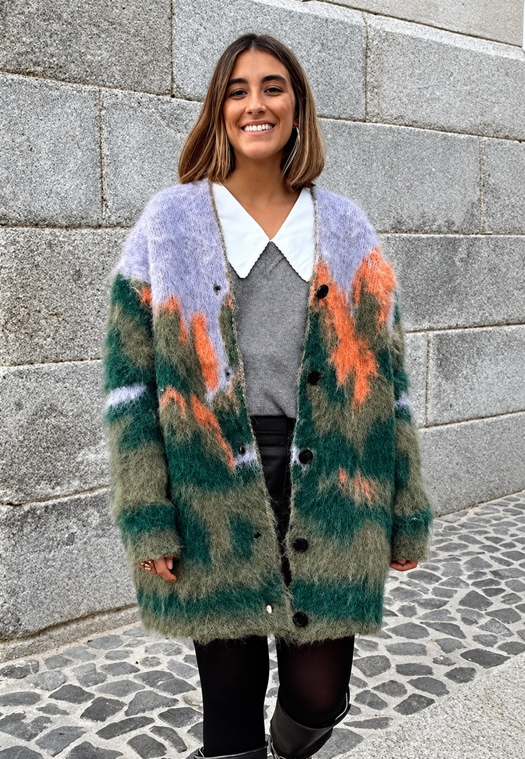 Cardigan long femme en maille chinée à imprimé abstrait - Marzena