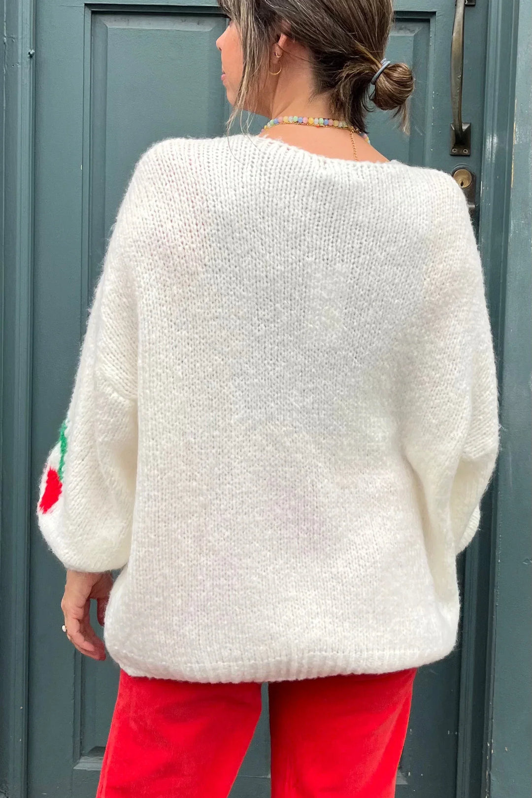 Cardigan en mélange de mohair avec nœuds sur le devant et motif cerises - Fenja