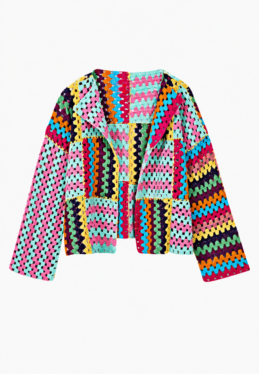 Cardigan court ouvert femme en crochet granny squares - Nives