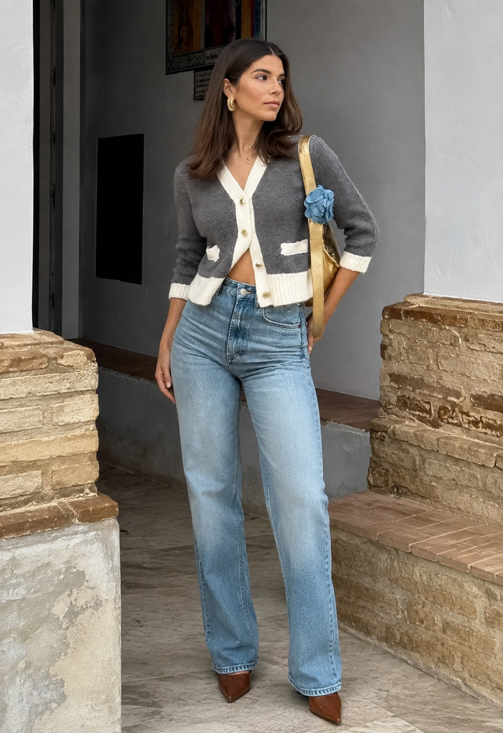 Cardigan femme à col en V et boutons, avec détails contrastés - Elva
