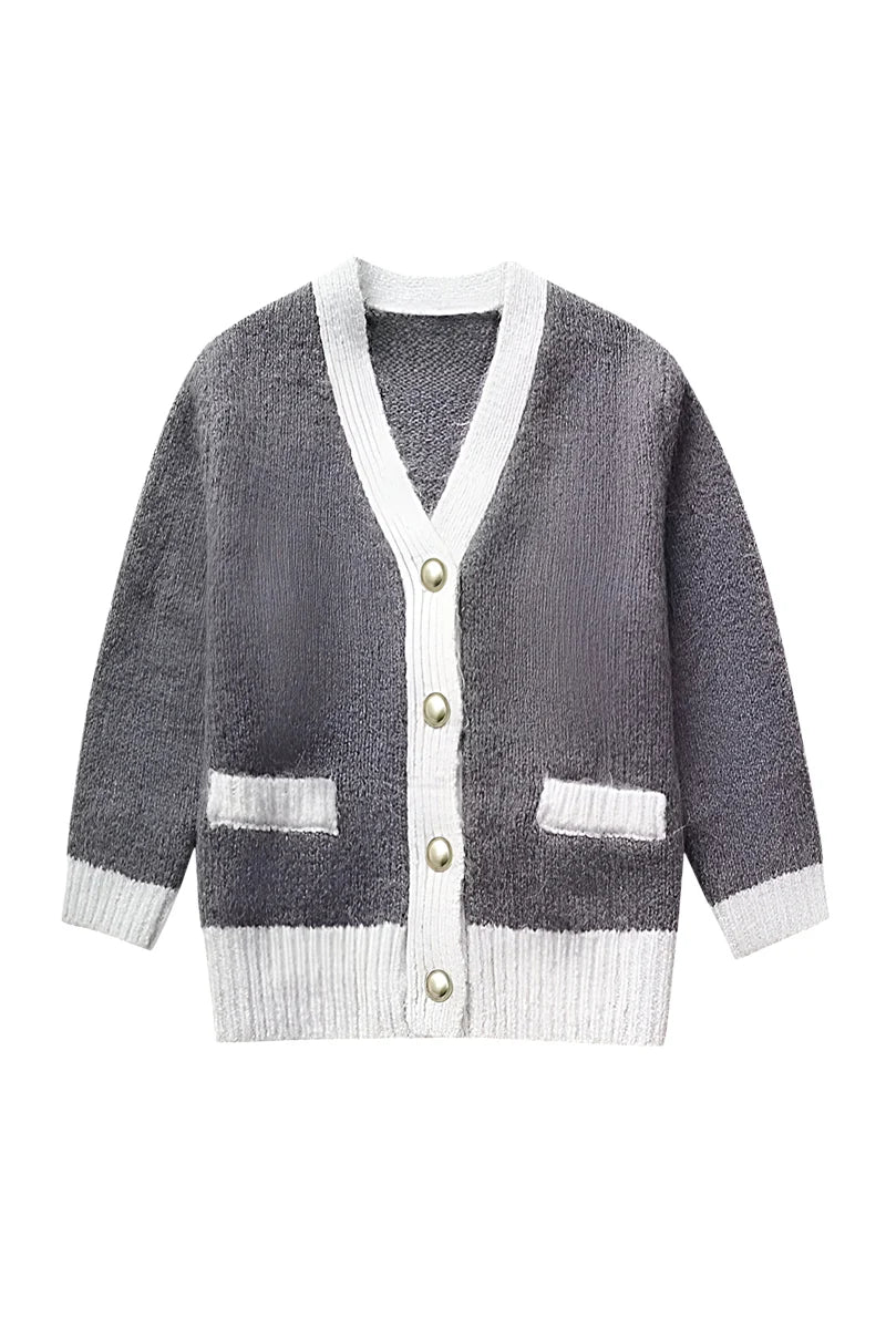 Cardigan femme à col en V et boutons, avec détails contrastés - Elva