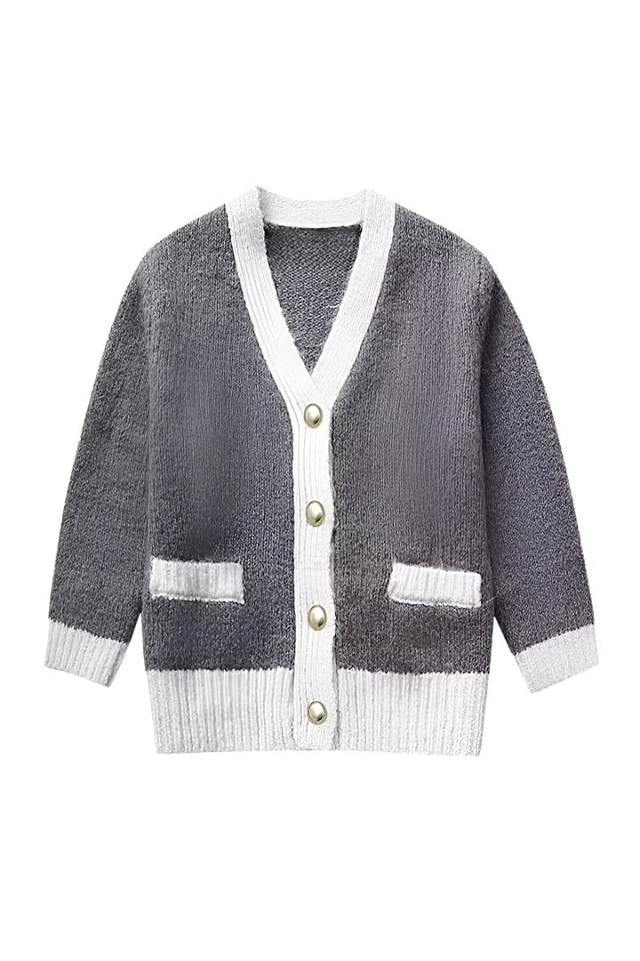 Cardigan femme à col en V et boutons, avec détails contrastés - Elva