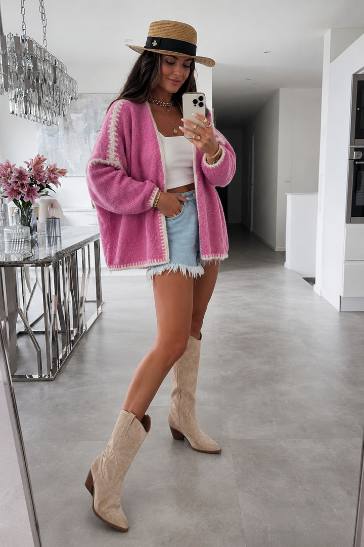 Cardigan femme ample, maille à bordures contrastées, manches longues - Selmara