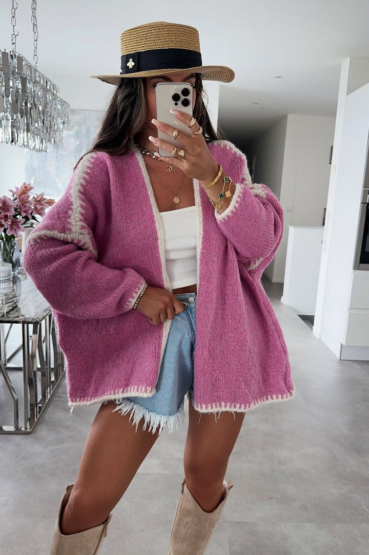 Cardigan femme ample, maille à bordures contrastées, manches longues - Selmara
