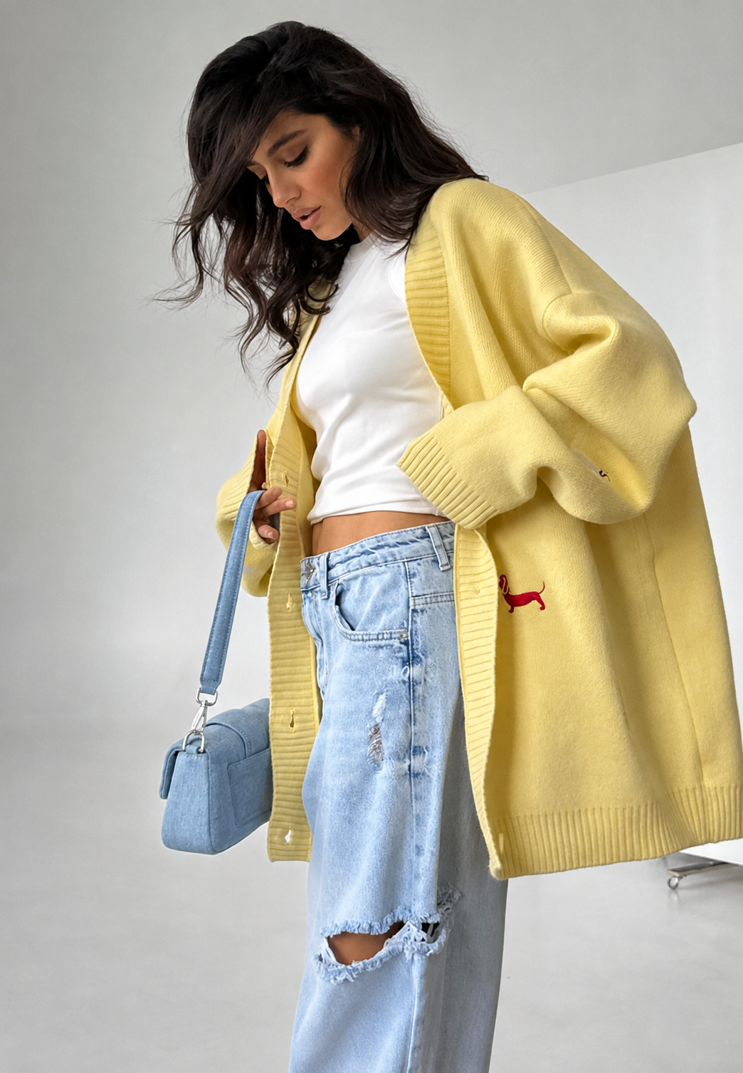Cardigan femme oversize à col en V et boutons, motif teckel - Marlis