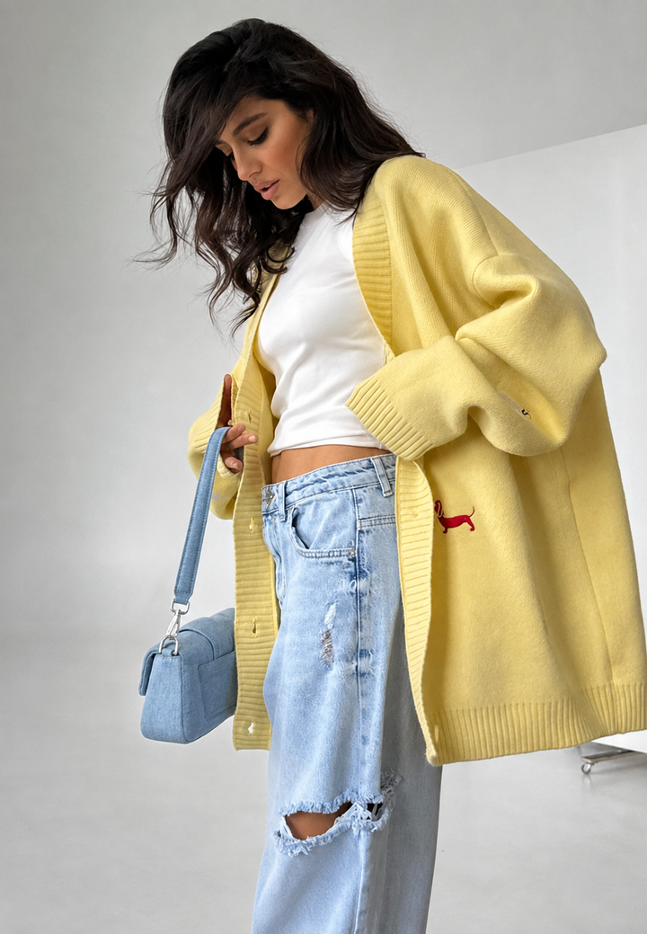 Cardigan femme oversize à col en V et boutons, motif teckel - Marlis