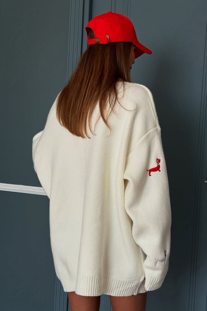 Cardigan femme oversize à col en V et boutons, motif teckel - Marlis