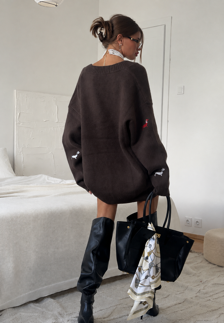 Cardigan femme oversize à col en V et boutons, motif teckel - Marlis