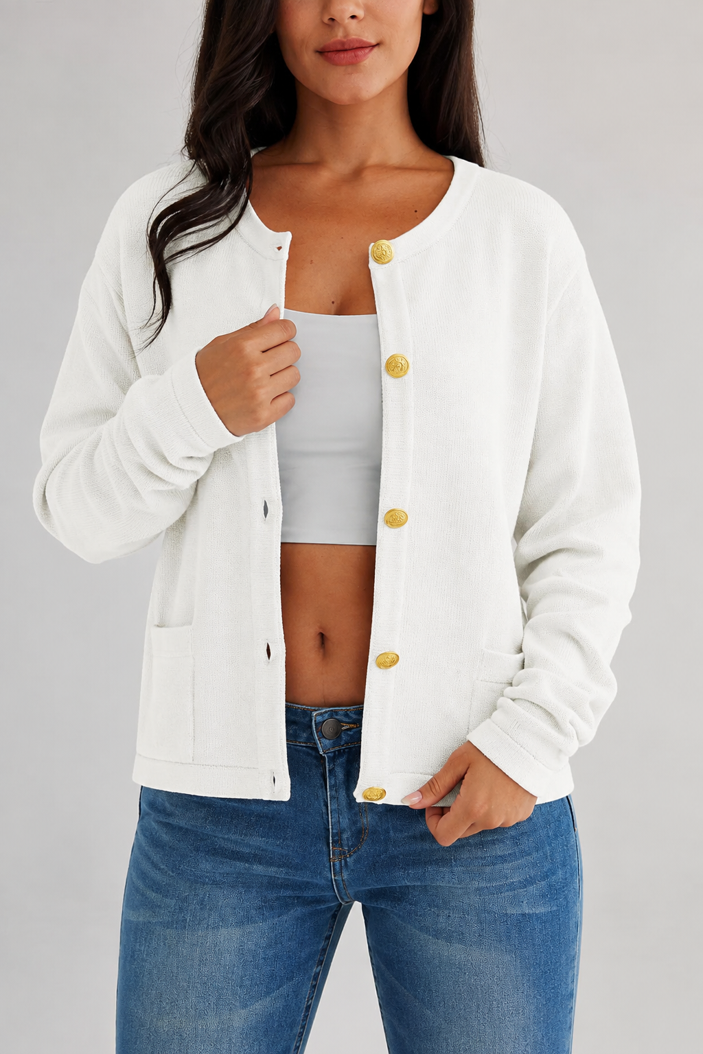 Cardigan femme en maille, col rond, boutons, poches - Sorelia