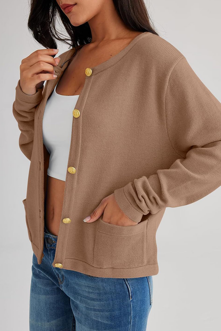 Cardigan femme en maille, col rond, boutons, poches - Sorelia