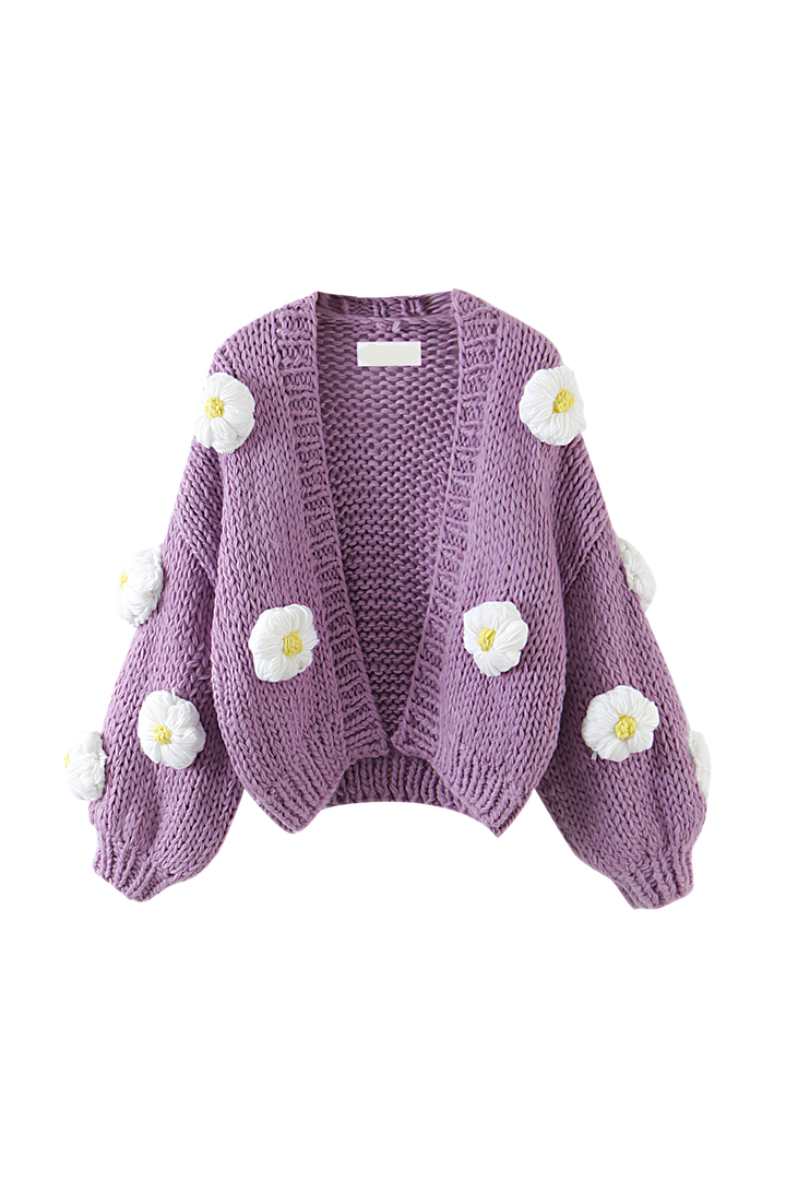 Cardigan femme en maille épaisse avec motifs floraux et manches bouffantes - Mulinne