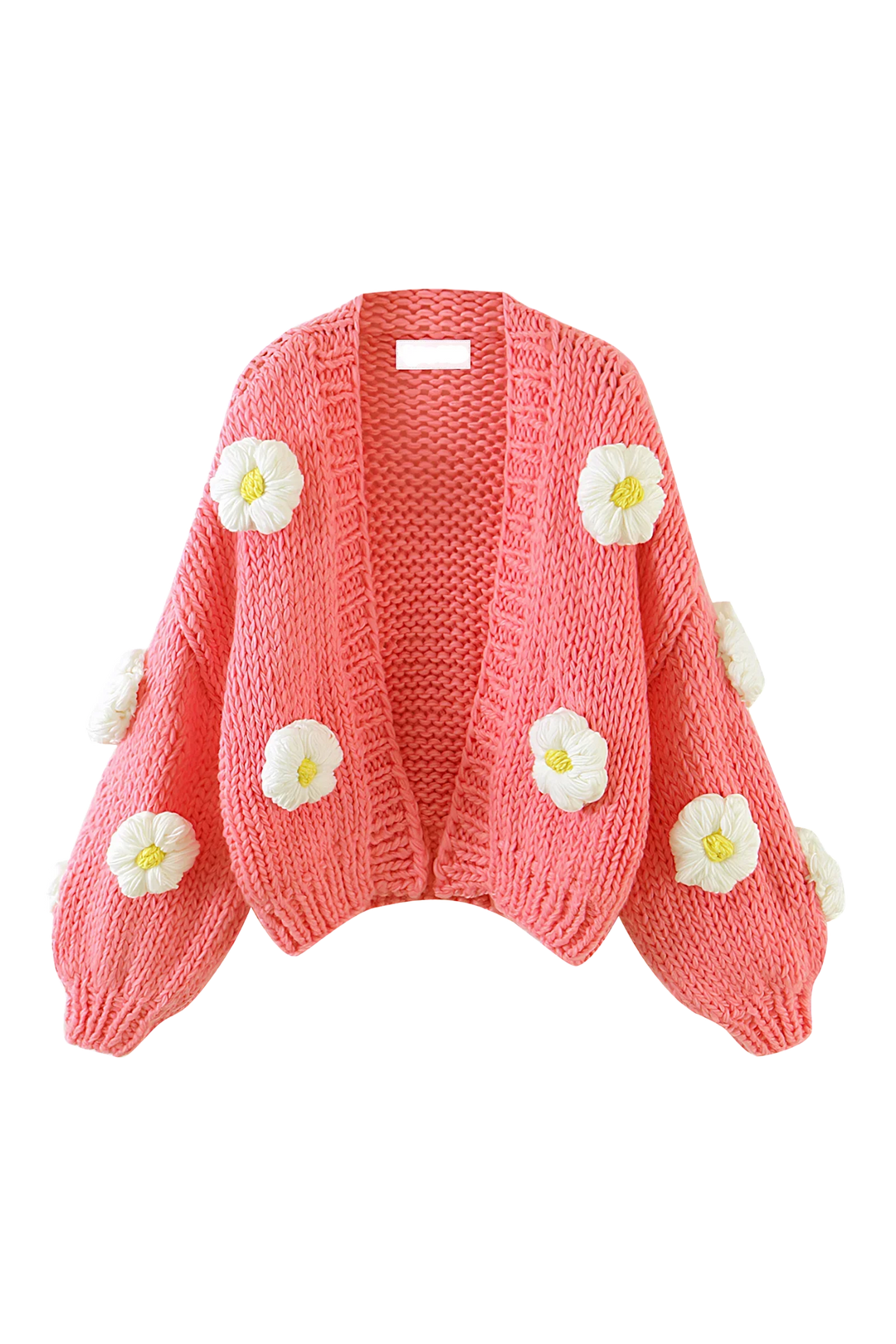 Cardigan femme en maille épaisse avec motifs floraux et manches bouffantes - Mulinne