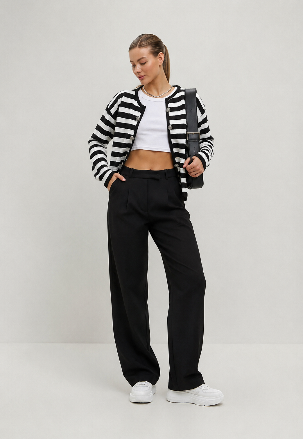 Cardigan femme à rayures bicolores, manches longues, boutons métalliques - Liora