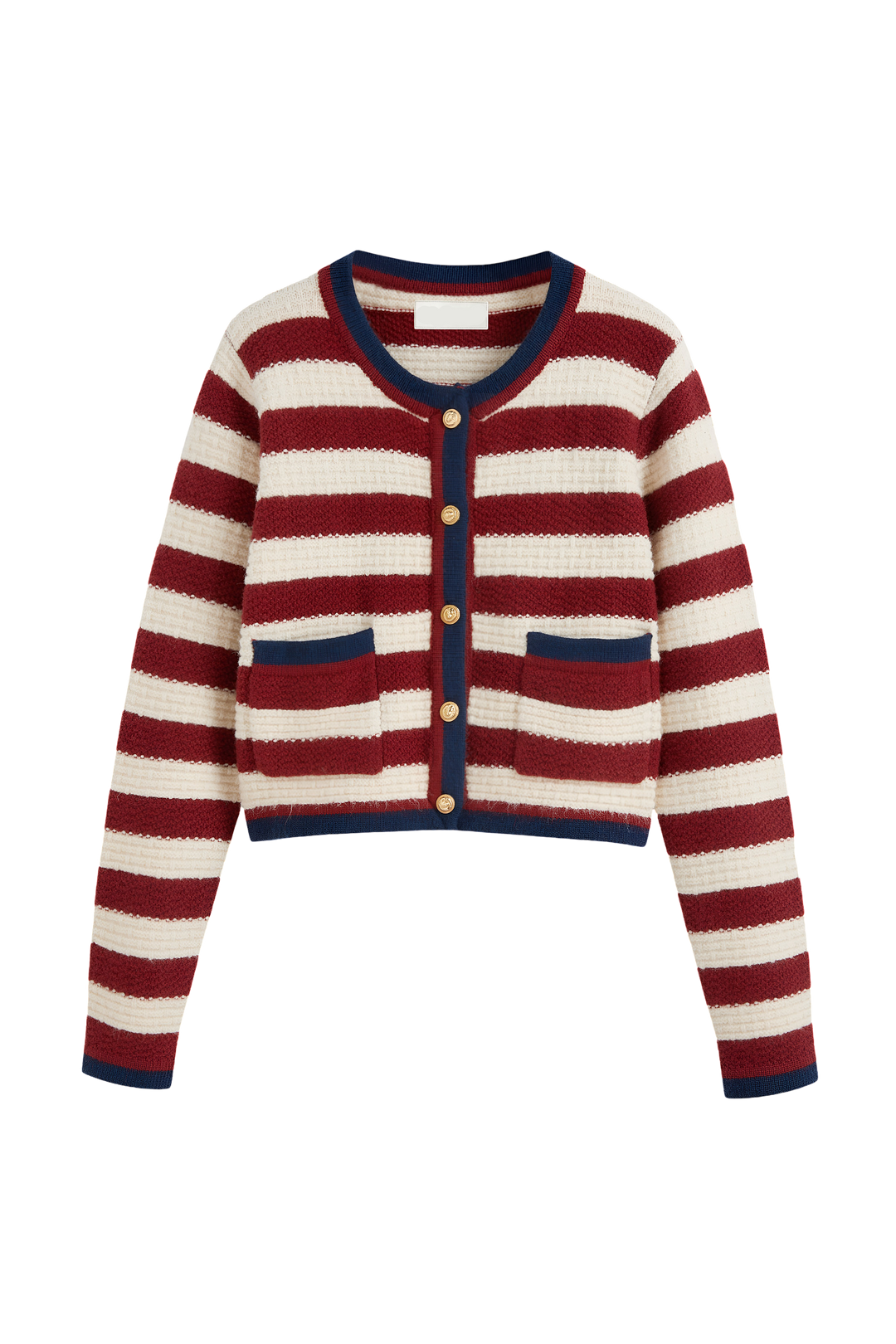 Cardigan femme à rayures, boutons métalliques et bordures contrastées - Pastinne