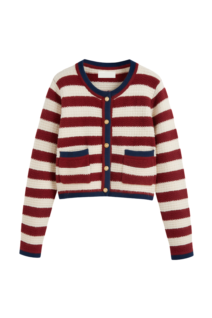 Cardigan femme à rayures, boutons métalliques et bordures contrastées - Pastinne
