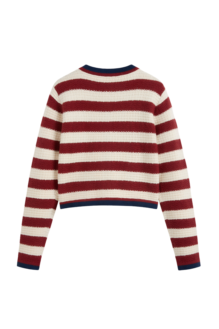 Cardigan femme à rayures, boutons métalliques et bordures contrastées - Pastinne