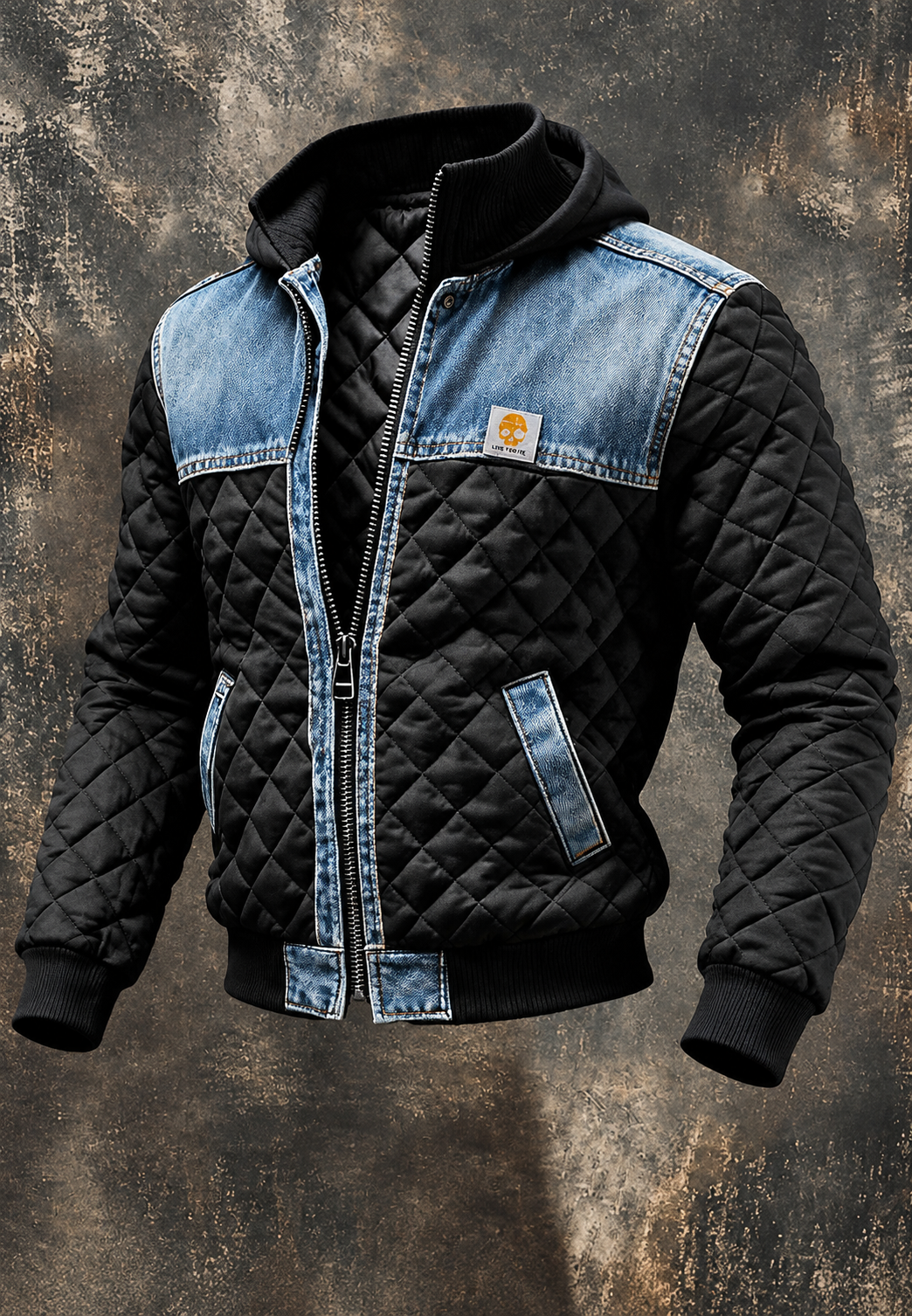 Veste matelassée pour homme à capuche avec empiècements en denim - Lex