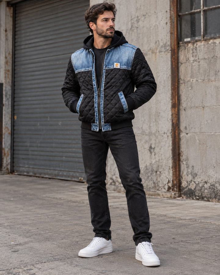 Veste matelassée pour homme à capuche avec empiècements en denim - Lex