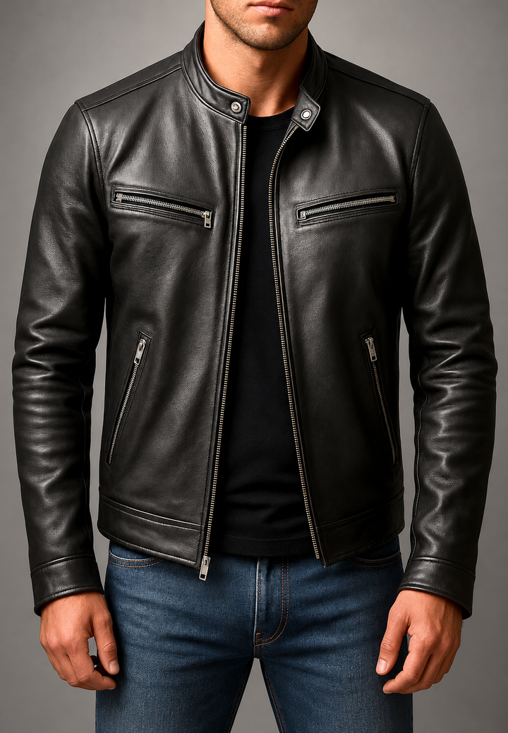 Blouson biker homme effet cuir col officier quatre poches zippées - Kaelor