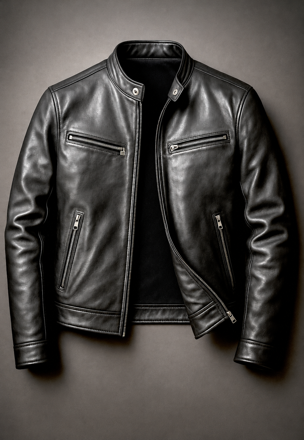 Blouson biker homme effet cuir col officier quatre poches zippées - Kaelor
