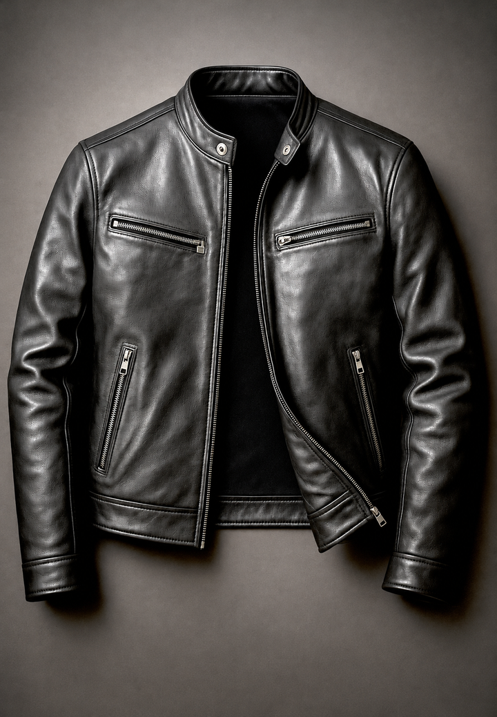 Blouson biker homme effet cuir col officier quatre poches zippées - Kaelor
