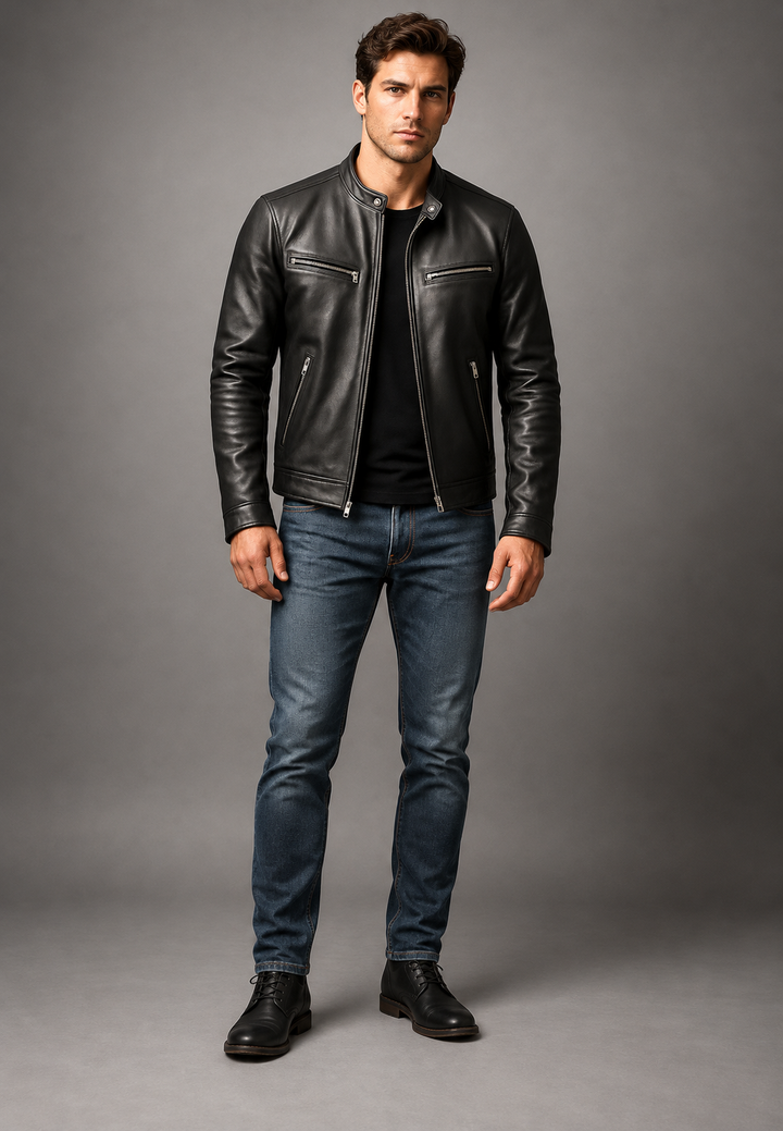 Blouson biker homme effet cuir col officier quatre poches zippées - Kaelor