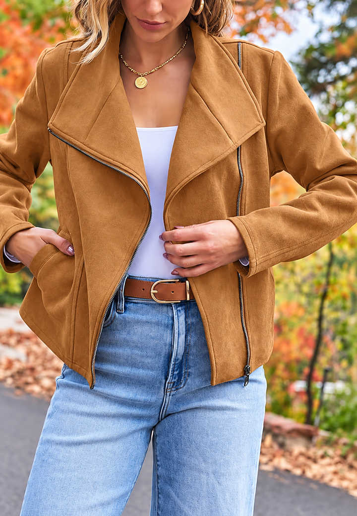 Veste de motard pour femme effet daim avec fermeture éclair diagonale - Noémie