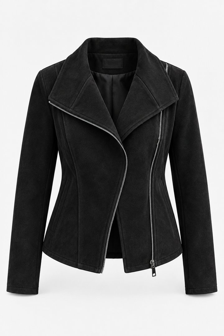 Veste de motard pour femme effet daim avec fermeture éclair diagonale - Noémie