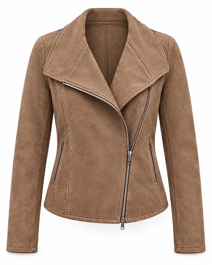 Veste de motard pour femme effet daim avec fermeture éclair diagonale - Noémie