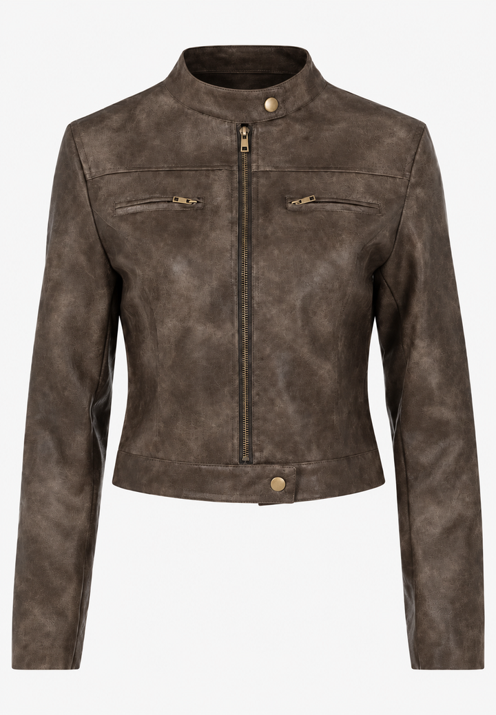 Veste de motard pour femme, effet cuir, finition usée, courte - Oriela