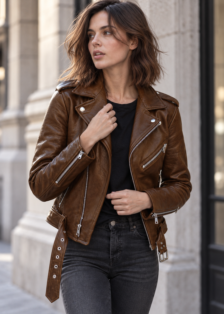 Veste de motard pour femme, effet cuir, ceinture réglable - Faustine