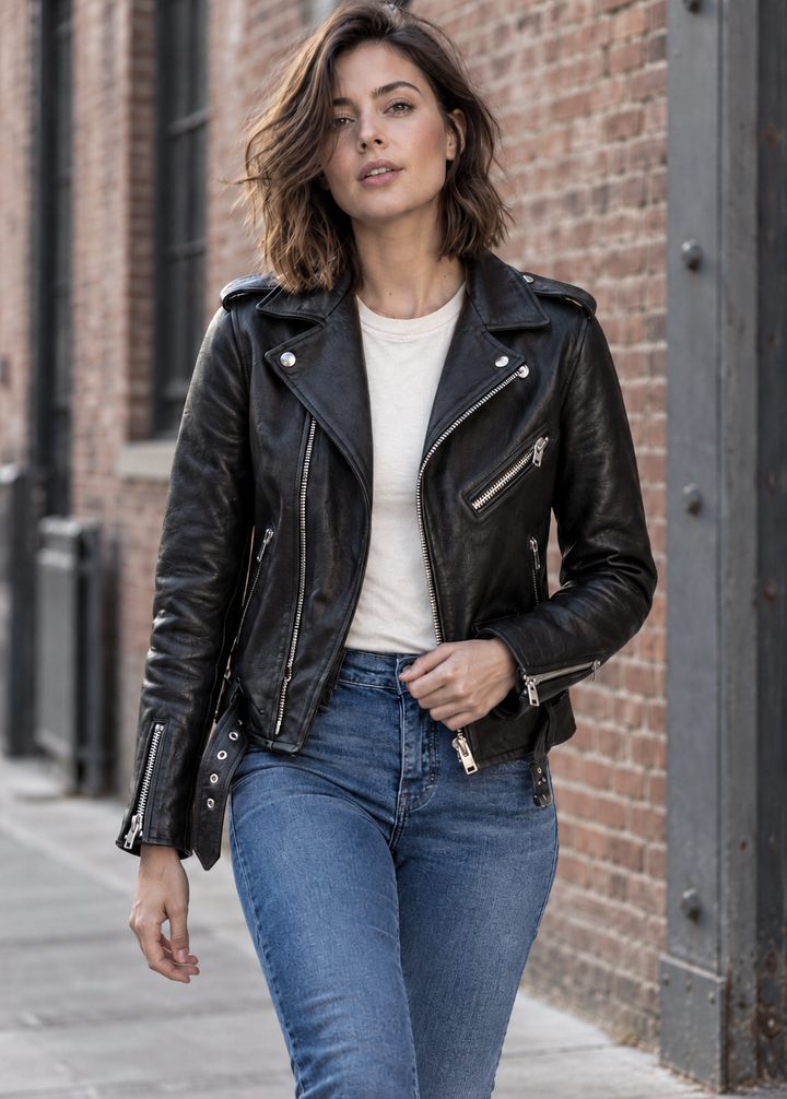 Veste de motard pour femme, effet cuir, ceinture réglable - Faustine