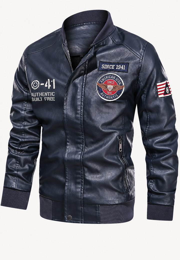 Blouson bomber homme effet cuir col officier écussons brodés - Darian
