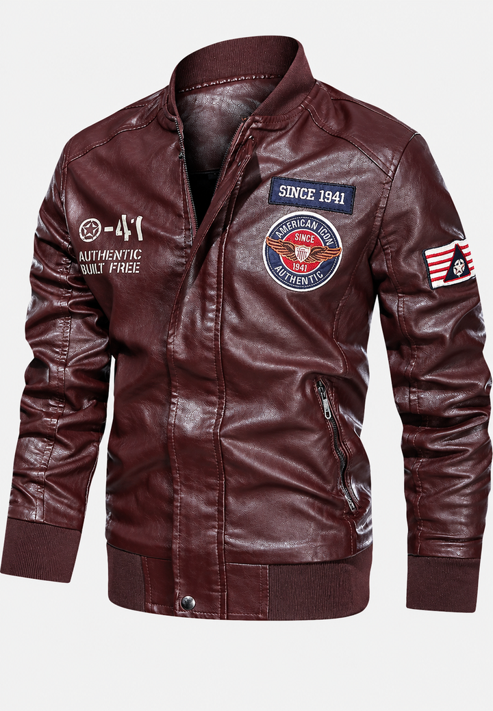 Blouson bomber homme effet cuir col officier écussons brodés - Darian