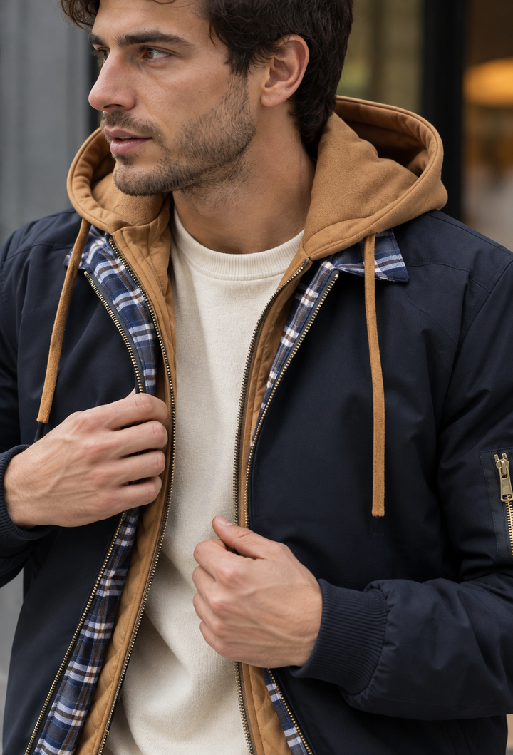 Blouson bomber matelassé homme style urbain capuche superposée - Damián