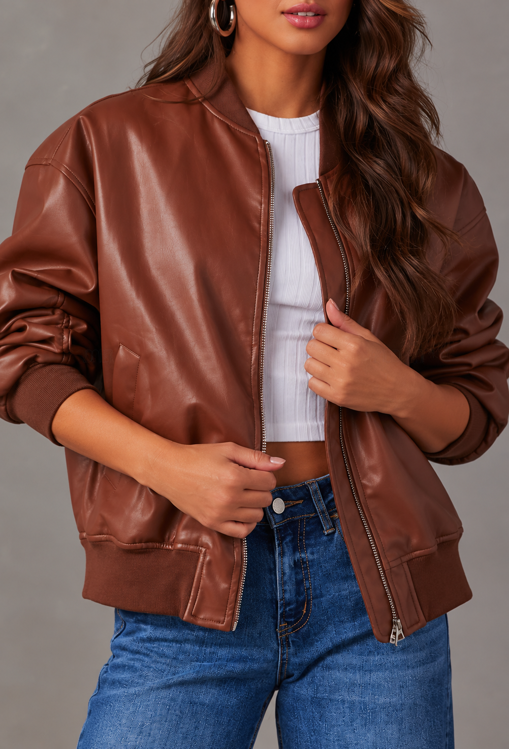 Blouson bomber femme effet cuir à coupe ample et poignets côtelés - Mara