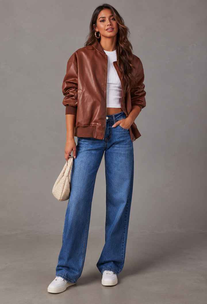 Blouson bomber femme effet cuir à coupe ample et poignets côtelés - Mara