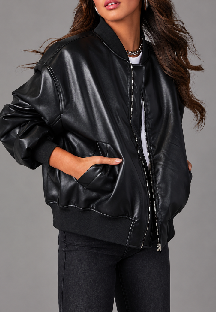 Blouson bomber femme effet cuir à coupe ample et poignets côtelés - Mara