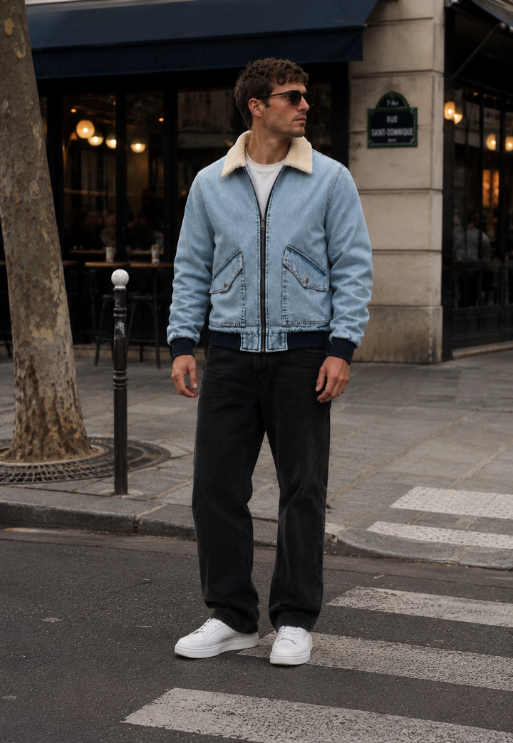 Veste bomber en jean avec doublure en polaire et fermeture éclair - Tobias