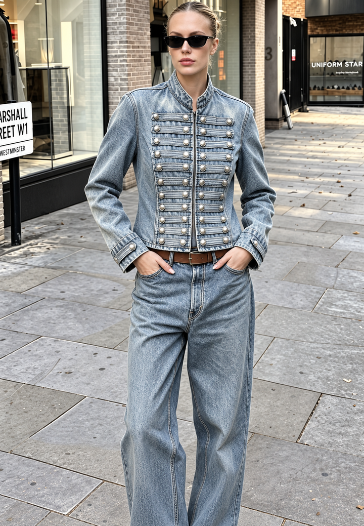 Veste en jean pour femme à col mao et boutons métalliques - Apolline