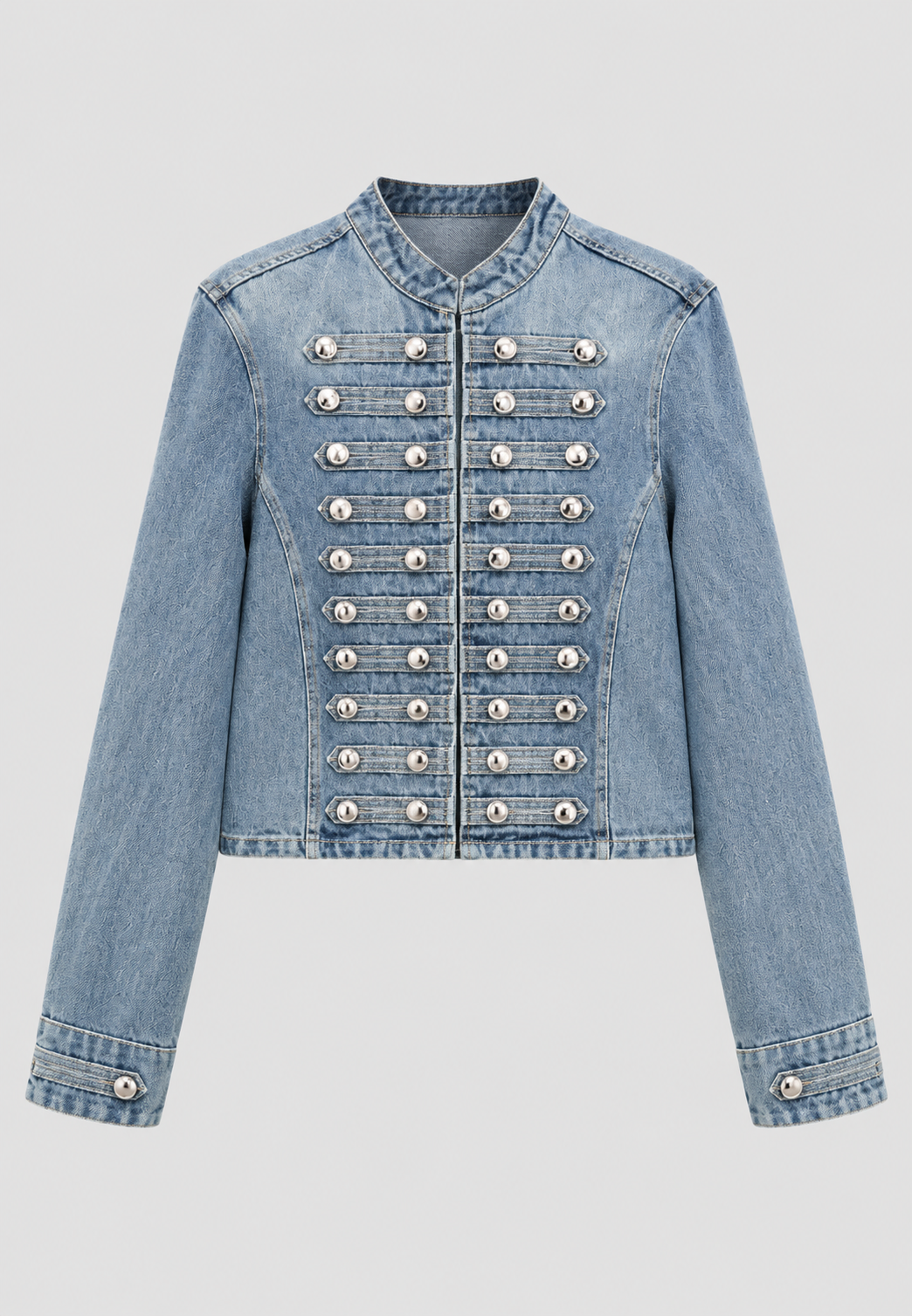 Veste en jean pour femme à col mao et boutons métalliques - Apolline