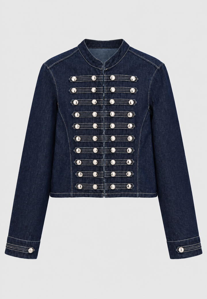 Veste en jean pour femme à col mao et boutons métalliques - Apolline